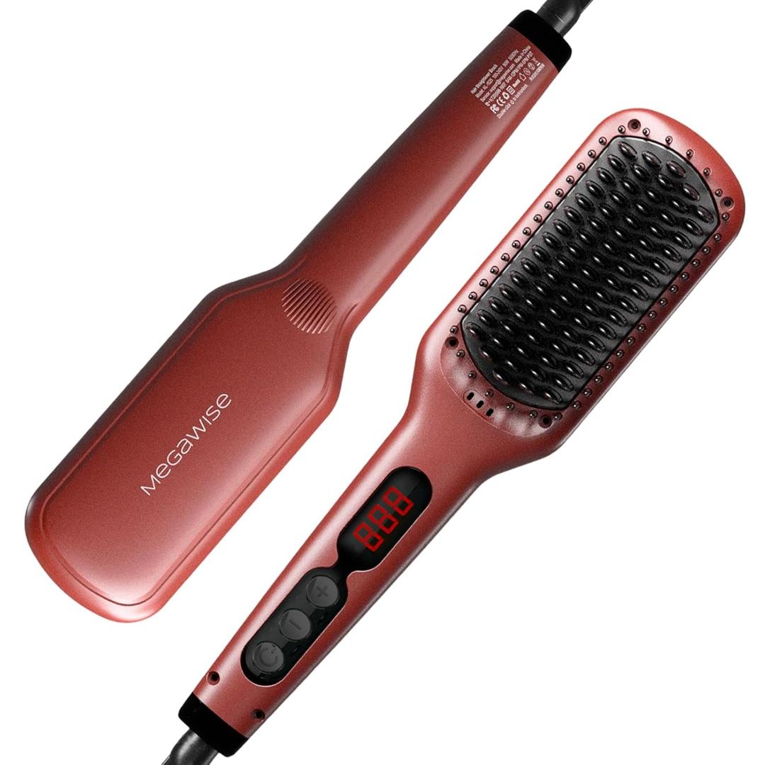 Megawise Pro Ceramic Ionic Hair Straightener Brush  Fast 20s Heating, Auto-Off, Anti-Scald, Dual Voltage, Rotatable Power Cord  Home Salon Styling (Tomato Red)