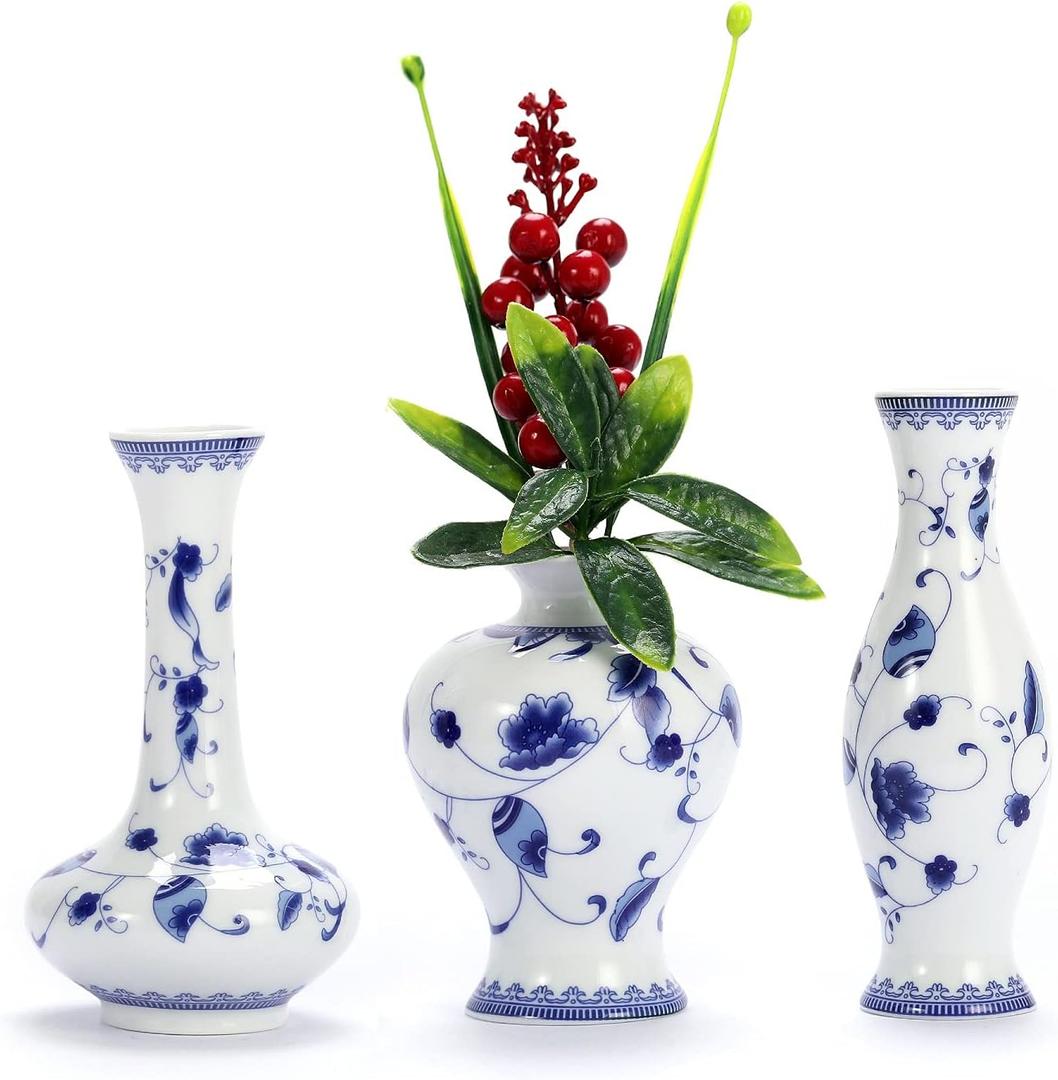 LoveCat Chinese Ceramic Vase Set - Small Blue and White Porcelain Vases, Fambe Glaze Porcelain Vases Set of 3, Classic Ceramic Flower Vases for Home Table,Bookshelf, Cupboard Dcor
