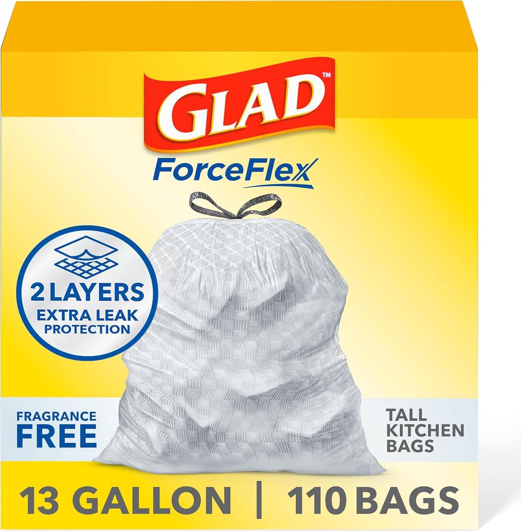 Glad ForceFlex Tall Kitchen Drawstring Trash Bags, 13 Gal, Fragrance Free, 110 Ct (Package May Vary) Packaging may vary Glad ForceFlex Tall Kitchen Drawstring Trash Bags, 13 Gal, Fragrance Free, 110 Ct (Package May Vary) Packaging may vary