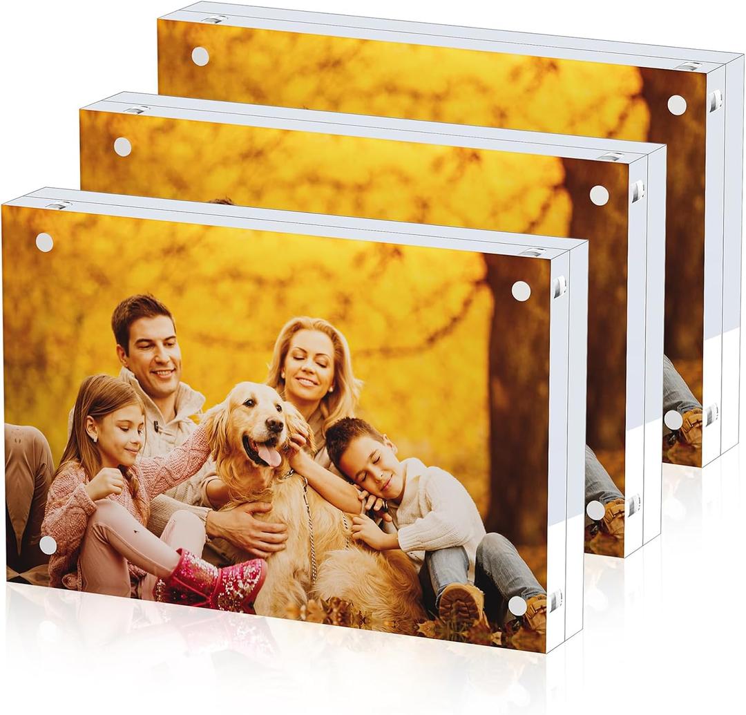 3 Pack Acrylic Picture Frames 8x10, 20%thicker Free Standing Desktop Display,Strong Magnetic Photo Frame, Double Sided Clear Picture Frames , Frameless Standing Desktop Frame for Home, Office, Gift Ready