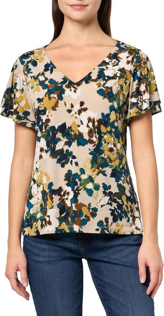 Calvin Klein Women's Soft Everyday V Neck Ruffle Sleeves Blouse (Beige, M)