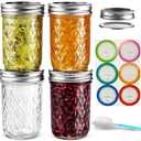 Mason Jars 8 oz Wide Mouth, 4 Pack with Airtight Lids - Food Grade Glass, Free Brush & Stickers for Food Storage, Canning, DIY Gifts
