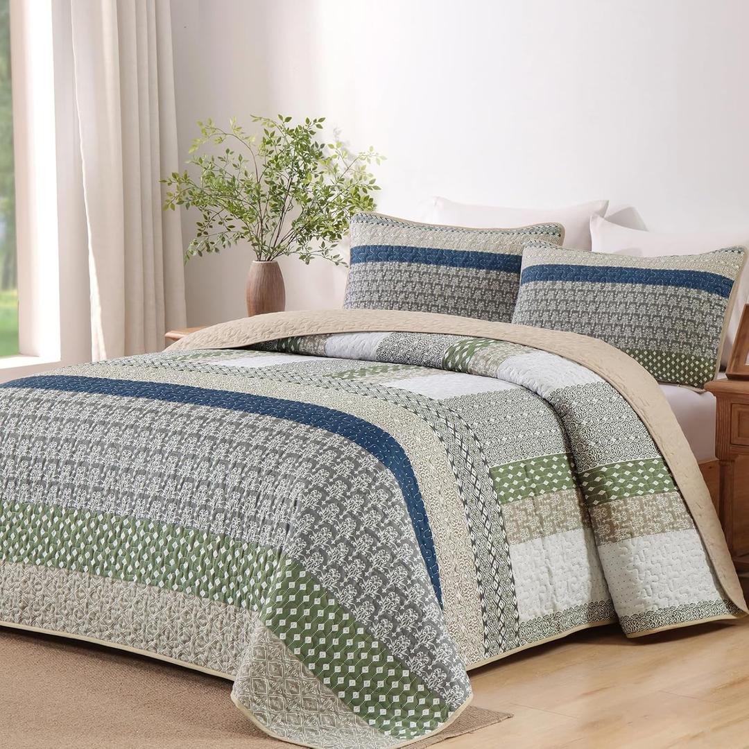 WONGS BEDDING Boho Quilt Queen Size, Bohemian Stripe Quilt Sets 3 Pieces Khaki Green Quilted Bedspread Set Lightweight Microfiber Coverlet Bedding Set All Season (96"x90")