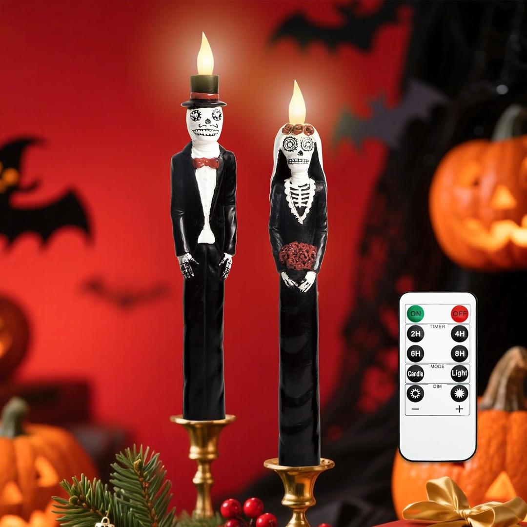 Flameless Taper Candles with Remote Battery Operated CandleSticks with Flickering Light Set of 2 Real Wax Handmade Skeleton Couple LED Window Candles for Halloween Horror Party Gothic Wedding Decor
