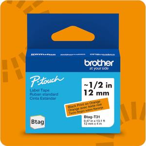 Brother Genuine P-Touch Btag BTAGT31 Black on Orange Label Tape ~1/2in by 13.1ft (12mm x 4m)