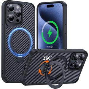 FlyReal Designed for iPhone 15 Pro Case with 360 Magnetic Stand, Carbon Fiber Phone Case [Compatible with Magsafe] [16FT Military Protection] with Rotatable Ring Stand 6.1'', Black