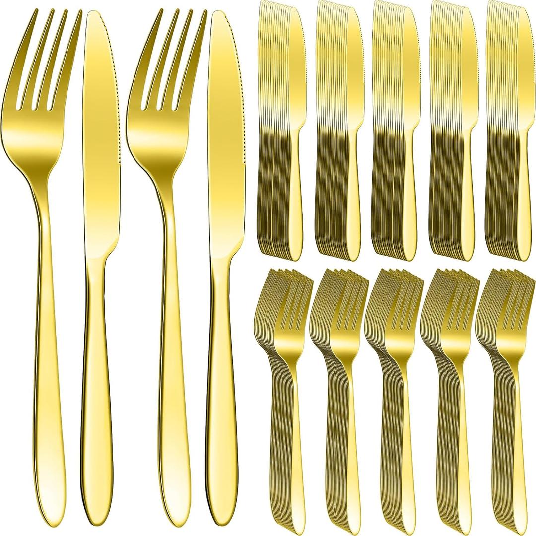 Nuenen 150 Pcs Stainless Steel Set 75 Dinner Forks and 75 Knives, Metal Steak Knives Forks Flatware Tableware Cutlery Set for Home Restaurant (Gold,9.06 x 0.79 Inches,8.07 x 0.94 Inches)