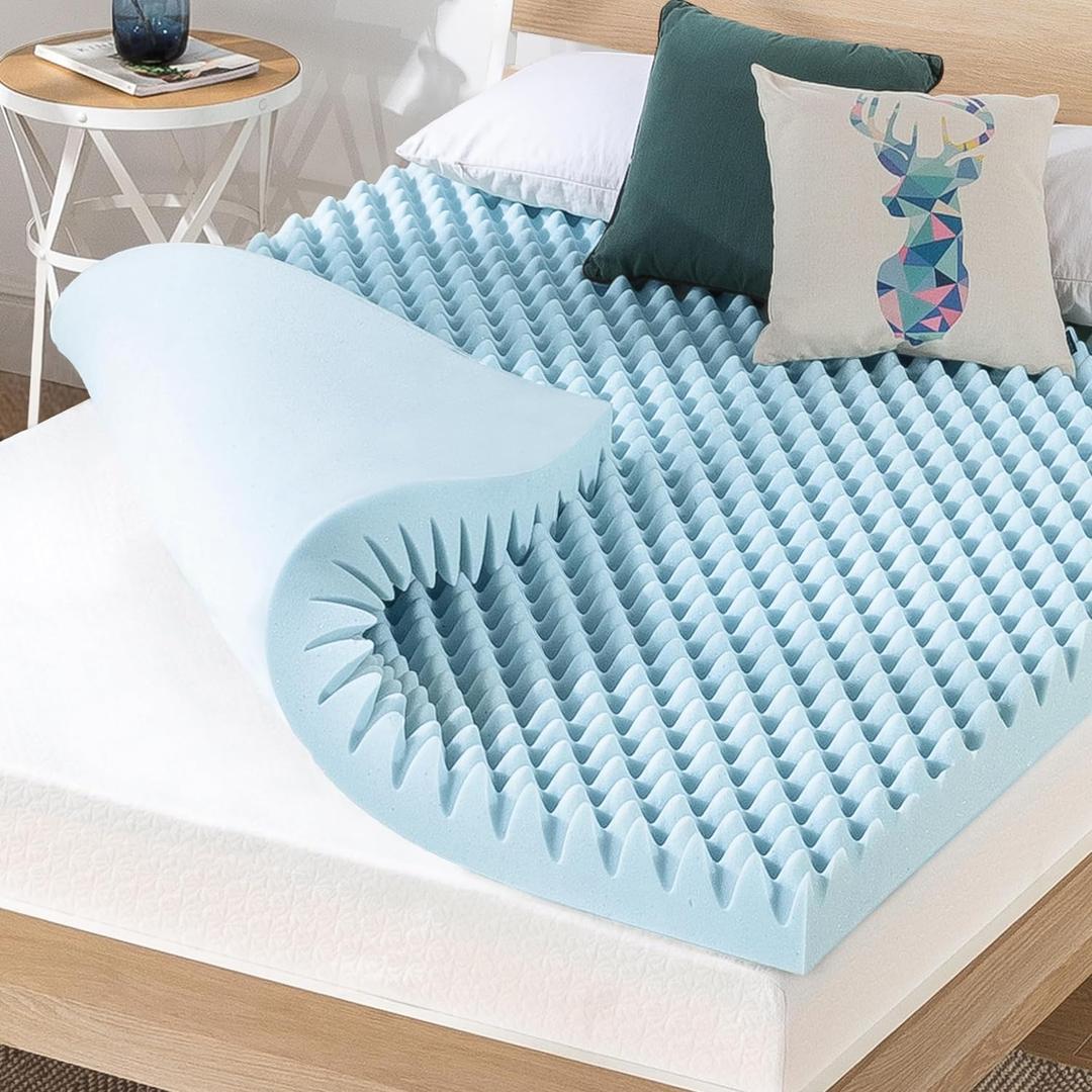 Best Price Mattress 4 Inch Egg Crate Memory Foam Mattress Topper with Cooling Gel Infusion, CertiPUR-US Certified, Dorm Essentials, Queen, Light Blue