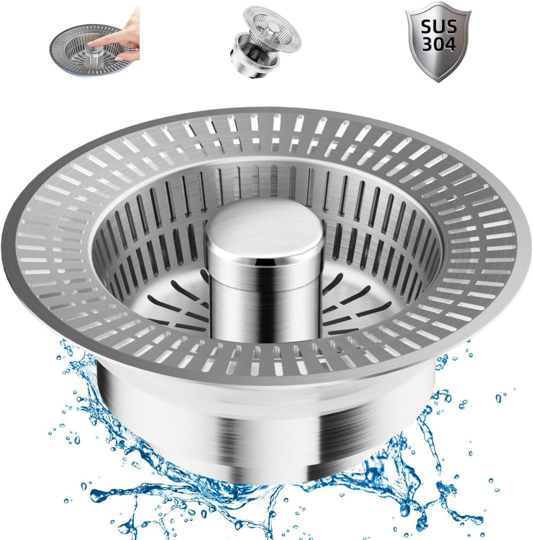 Kitchen Sink Drain Strainer and Stopper Combo, 3 in 1 Stainless Steel Pop-Up Sink Stopper & Drain Strainer for Standard Drains, Ideal Sink Protectors for Kitchen Sink