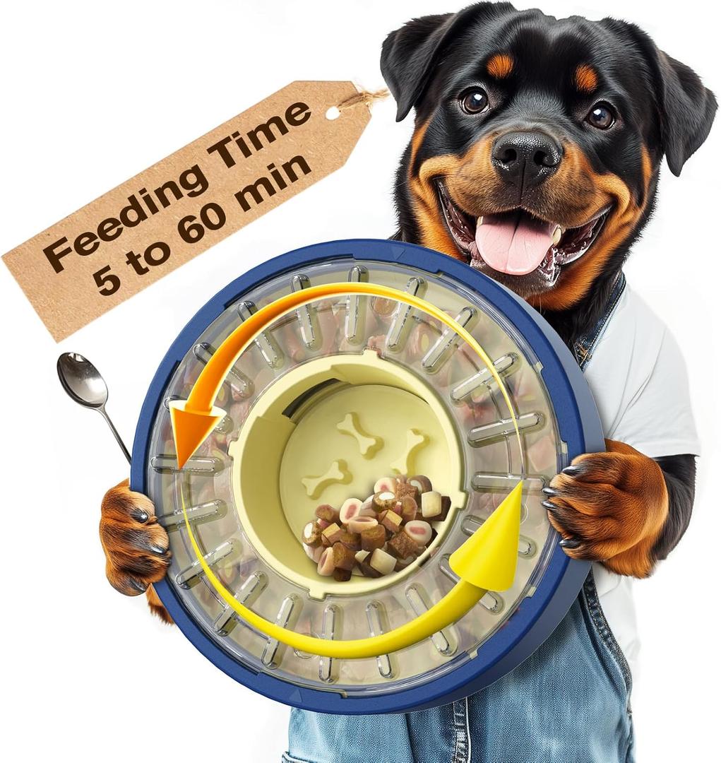 KADTC Dog Spinning Puzzle Feeder Food Slow Bowl for All Dog Breeds Adjustable Feeding Time from 5 to 60 min Capacity 17.64 Ounce Puppy Treat Dispenser Toy Kibble Dispensing Toys Healthy Eating (Large, Yellow Blue)