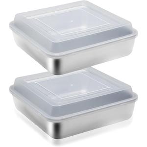 10x10 Stainless Steel Cake Pan with Lid Lasagna Baking Pans Sets Square Stainless Steel Bakeware with Cover for Cakes, Brownies, Cookies Oven Dishwasher Safe(2 Pans + 2 Lids)