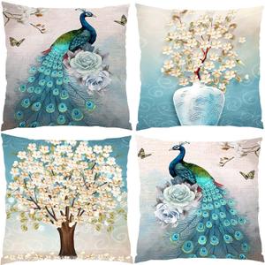 16x16 Peacock Pillow Case Set of 4, Blue Peacock Print Throw Pillow Covers, Decorative Velvet Square Cushion Covers with Zipper for Living Room Couch Sofa Decor