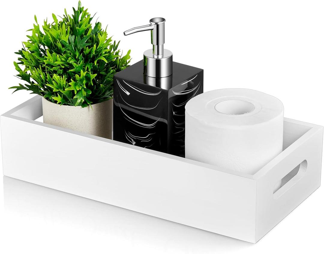 ALELION White Bathroom Basket - Wooden Toilet Tank Paper Basket with Handle for Organizing - Back of Toilet Storage Organizer for Bathroom Tank Topper Counter - White Bathroom Decor Box