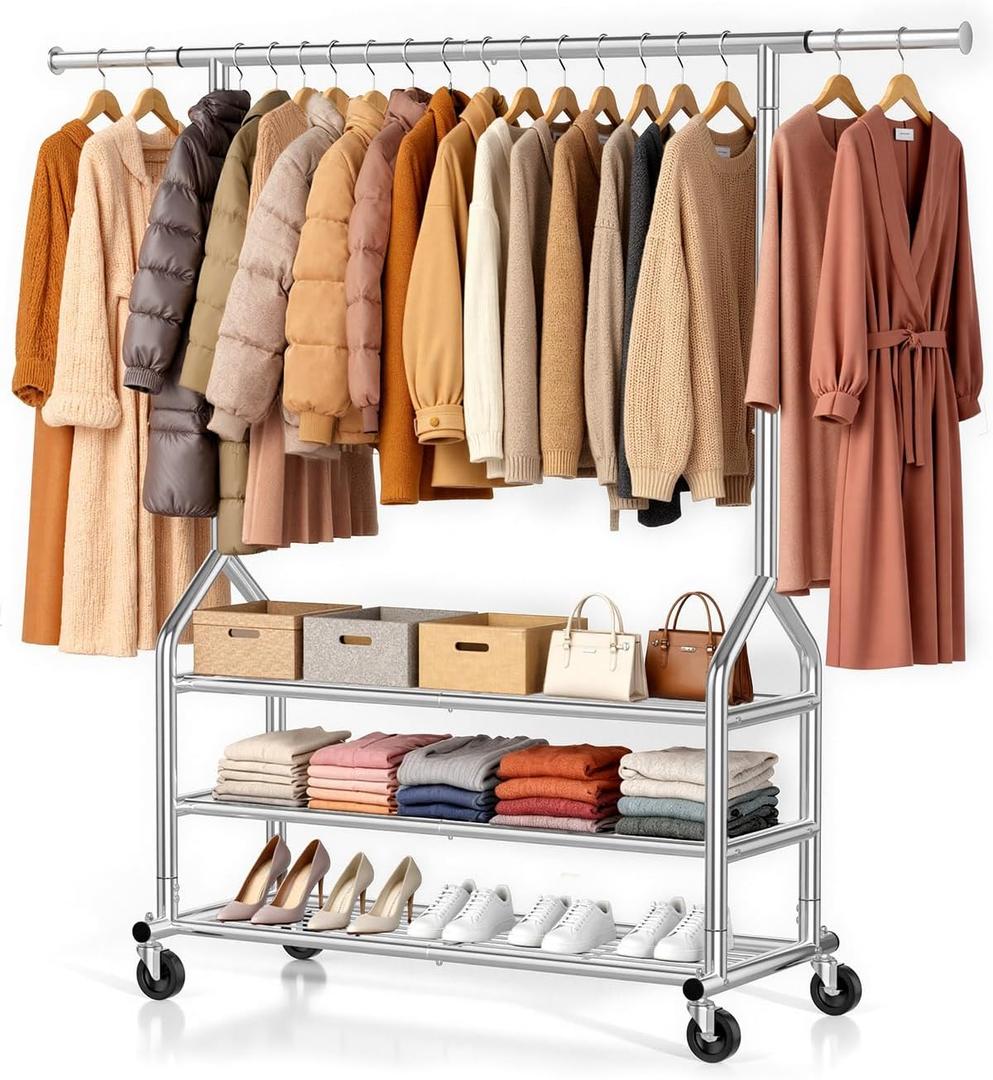 EAGMAK Heavy Duty Clothes Rack Load 686 LBS, Rolling Clothing Rack with 3 Shelves, Height Adjustable Metal Coat Rack, Portable Garment Closet Wardrobe Organizer with Wheels for Hanging Clothes, Silver