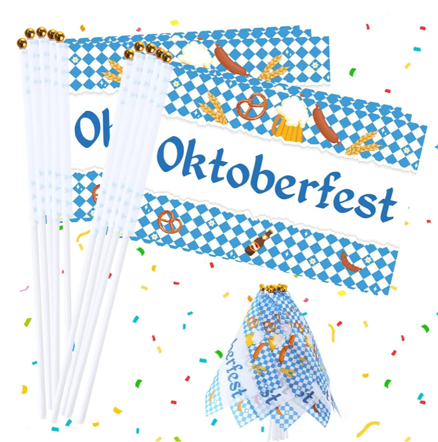 Outus 30 Pcs Oktoberfest Stick Flags Bavarian Decorations Small Mini Handheld Flags German Beer Festival Party Decorations for Oktoberfest Beer Party Indoor Outdoor Decor Supplies 5.5x8.3 Inch