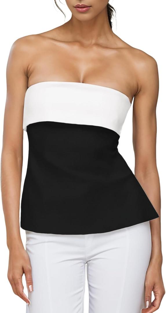 Strapless Tube Tops for Women Backless Going Out Bandeau Top Sexy Trendy Off Shoulder Side Split Summer Bustier Tops (Large, Colorblock-01)