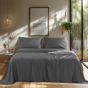 LBRO2M Cooling Bed Sheet 100% Viscose Derived from Bamboo Sheet Set Queen Size 4 Piece,16" Deep Pocket, 1800 TC Sheet Super Soft Silky Smooth,Breathable Comfortable (Queen Dark Gray)