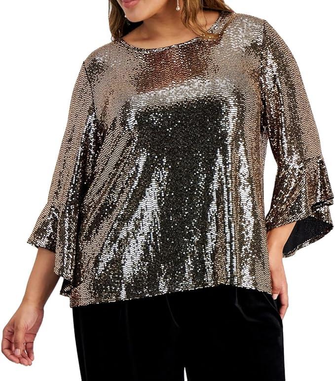 Kasper Women's Shine DOT Ruffle SLV Blouse, Black/Gold, Size M