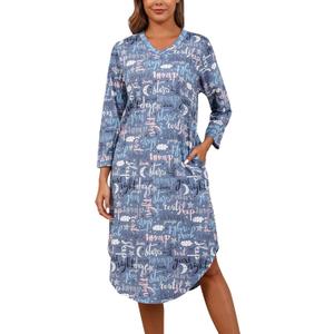PNAEONG Nightgowns for Women Soft Cotton Long Sleeve Night Gowns Adult Sleepwear V Neck Nightshirt Comfy Sleepshirts (Blue, L)