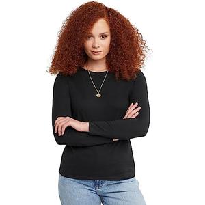 Hanes Long Sleeve Cotton T-Shirt, Lightweight Crewneck Tee for Women, Modern Fit, Ebony, Large