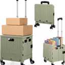 Rolling Cart for Teachers,Folding Rolling Crate Collapsible Utility Handcart Shopping Trolley Tool Box, with Lid, Basket on 4 Rotate Wheels, for Grocery, Office, Luggage, Teacher,Green