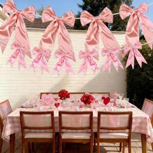 2 Pcs 8.5 ft Pink Bow Garland Banner with Pearl Chain Large Satin Ribbon Pre-Strung Pink Bow Hanging Garland for Coquette Bridal Shower Bachelorette Wedding Birthday Engagement Decoration