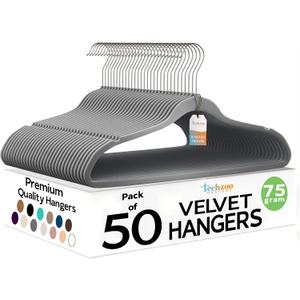 Techzoo Premium Velvet Hangers 50 Pack Ultra Thin Non Slip Adult Felt Space Saving Slim Suit Hanger for Closet Heavy Duty Coat Pants Jackets Dress Hangers 360° Swivel Hook Hold Upto 10 lbs Gray