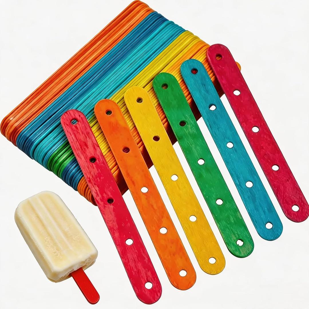 Jumbo Colored Popsicle Sticks, 100Pcs Rainbow Wooden Popsicle Sticks with Holes for DIY, Craft Creative Designs, Arts Handwork