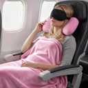 urnexttour 4-in-1 Travel Pillow & Blanket Set with Eye Mask, Memory Foam Neck Support, 50x65 Inch Blanket, Storage Bag for Airplane, Car, Train, Home Travel Pink
