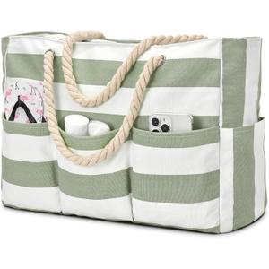 Becokan Beach Bags for Women Canvas Large Beach Tote Bag Zipper Waterproof Sandproof Foldable Swim Pool Bag with 7 Pockets
