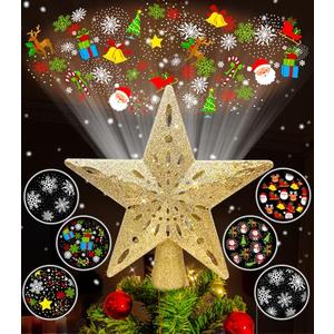 Wninbu Christmas Tree Topper Star Lighted with 6 Projection Modes,Christmas Star Tree Topper Projector Built-in LED Rotating Lights,3D Glitter Dynamic Projector Party Christmas Decorations (Gold)