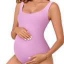Summer Mae Maternity One Piece Swimsuit Seamless Ribbed Bathing Suit Scoop Neck Pregnancy Swimwear One Size Fits S-XL (Purple)