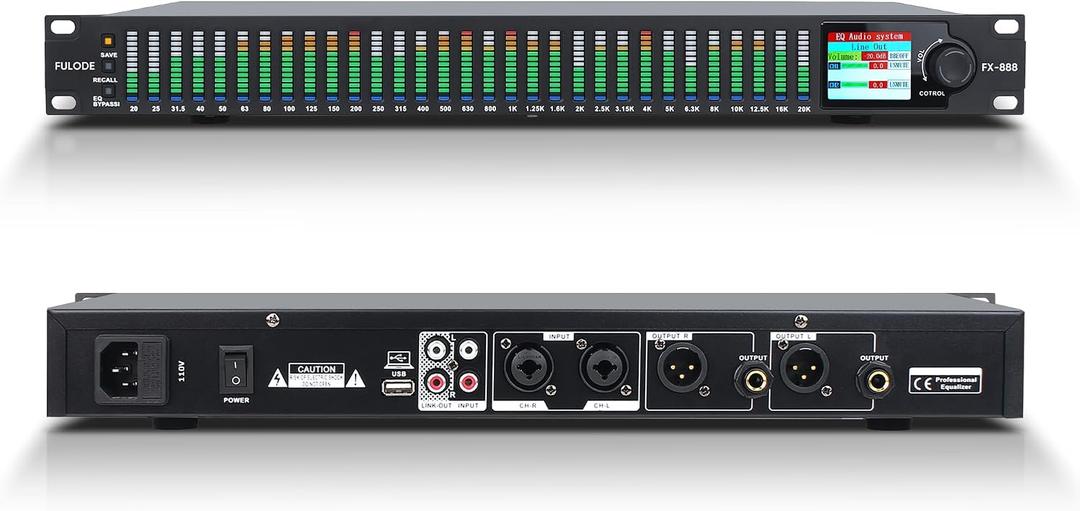 FX-888 Dual Channel Synchronized Control 31-Band Digital Equalizer Stereo Graphic EQ Noise Reduction Each segment with LED Spectrum Display Operation Content Display Large Screen