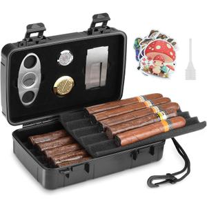 Travel Cigar Case Holds 10 Cigars, Portable Cigar Humidor Includes Cigar Cutter, Humidifier, Hygrometer - Cigar Accessories Set for Men (Black)
