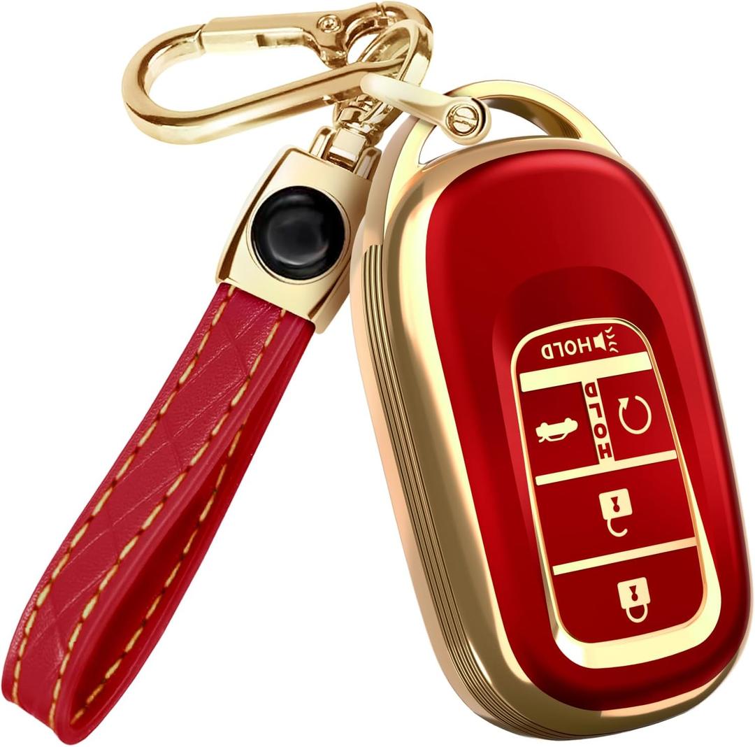 Lucrum Compatible with Honda Key Fob Cover & Leather Keychain - TPU Keyfob Case for Accord Civic CR-V HR-V Pilot Ridgeline, For 5 Button Remote (2022-2026) - Red and Gold