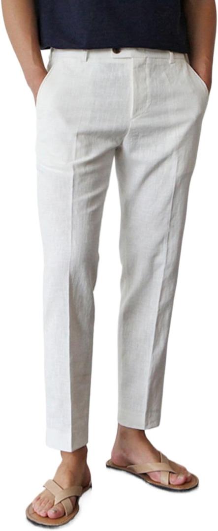 GINGTTO Linen Pants Men Slim Fit Elastic Waistband Lightweight Summer Beach Fashion Casual Pant (30W x 30L, White)