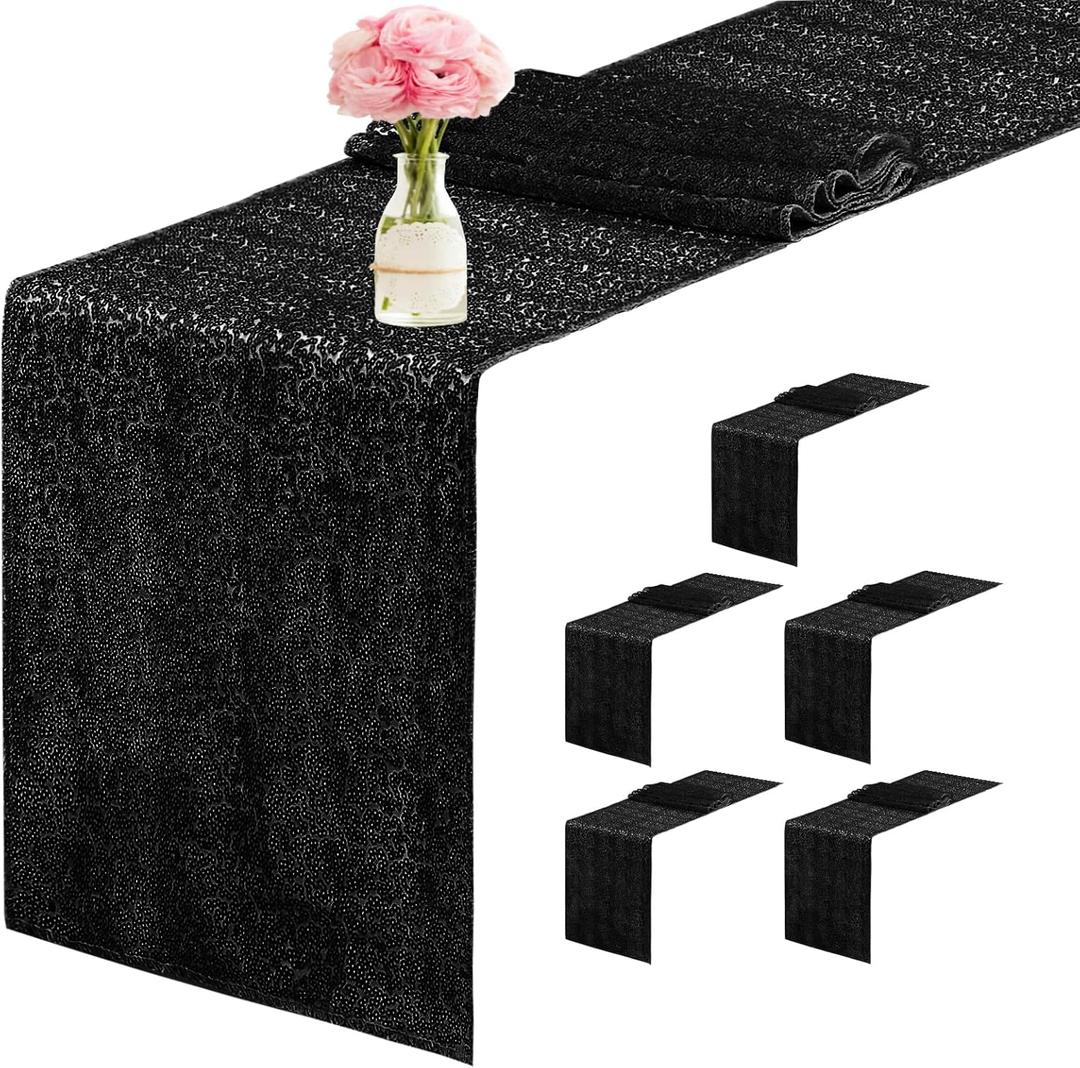 6 Packs 12 x 72 inches Sequin Table Runner, Black Glitter Table Runner for Birthday Party Supplies Wedding Engagement Baby Shower Holiday Celebration Event Decorations