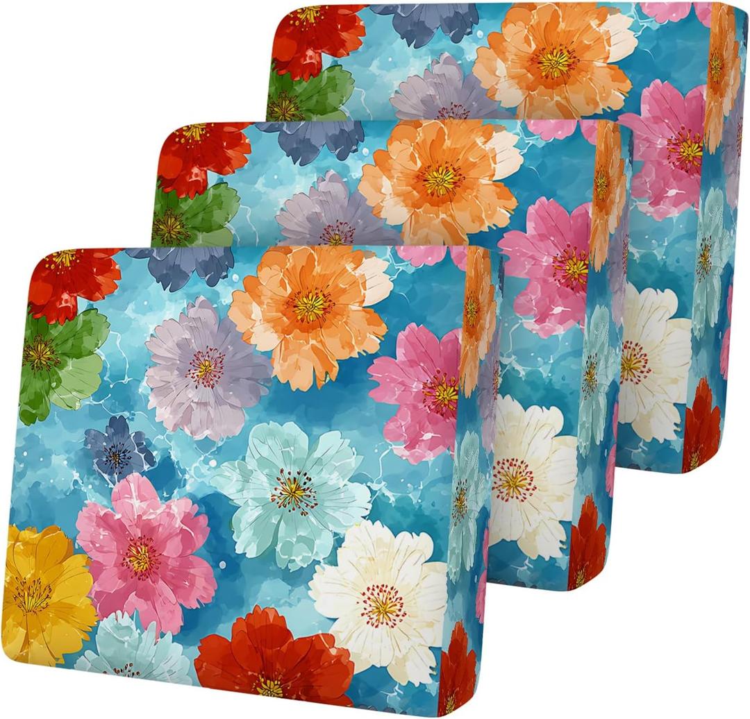 Colorful Floral Seat Cushion Cover Set, Watercolor Flower Sofa Cushion Slipcover, Stretch Couch Seat Protector with Elastic Bottom, Furniture Cover for Home Decor, 3PC, S(27.5"D*25"W*9"H), 34