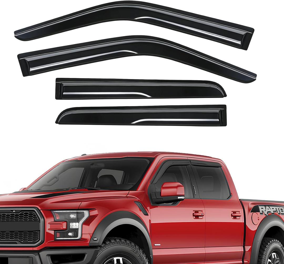 Rain Guards Fit for Ford F-150 SUPERCREW CAB 2015 2016 2017 2018 2019 2020 2021 2022 2023 2024 2025, Tape-on Durable Side Window Sun Wind Deflectors, 2015-2025 F150 Rain Guard Black 4 PCS