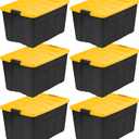 IRIS USA 72 Qt Stackable Plastic Storage Bins with Lids, 6 Pack - BPA-Free, Made in USA - Garage Organizing Solution, Latches, Durable Nestable Containers, Secure Pull Handle - Black/Yellow