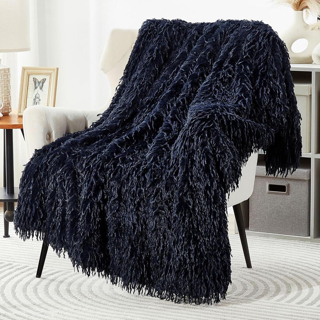 DREAMNINE Decorative 850GSM Fluffy Feather Faux Fur Throw Blanket for Couch Sofa 50" x 60", Soft Plush Long Hair Shaggy Fuzzy Blankets, Double Sided Luxury Warm Furry Blanket for Valentine, Navy Blue