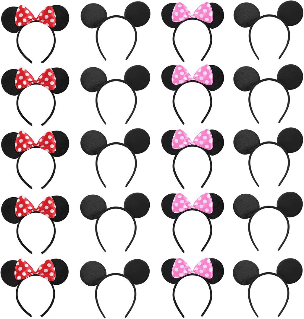NEWTGAN 20 PCS Mouse Ears Headbands for Birthday Party Theme Park Costume Play Celebration for Boys and Girls (3color)