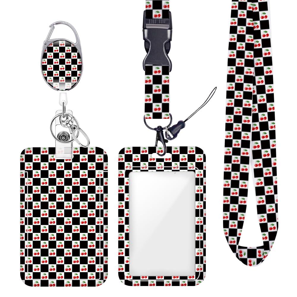 Checkered Cherry ID Badge Holder Badge Reel Lanyards for ID Badges Keychain Vertical Protector Retractable Carabiner Clips Heavy Duty Key Lanyard for Women Nurse Doctor Accountant Office Accessories