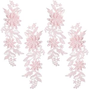 4Pcs Light Pink Flower Applique 3D Floral Embroidery Vintage Appliques Polyester Soild Embroidered Lace Sew on Patches Bulk for Sewing Making Dress Cloth Gowns Wedding Bridal Costumes Supply (2 Pairs)