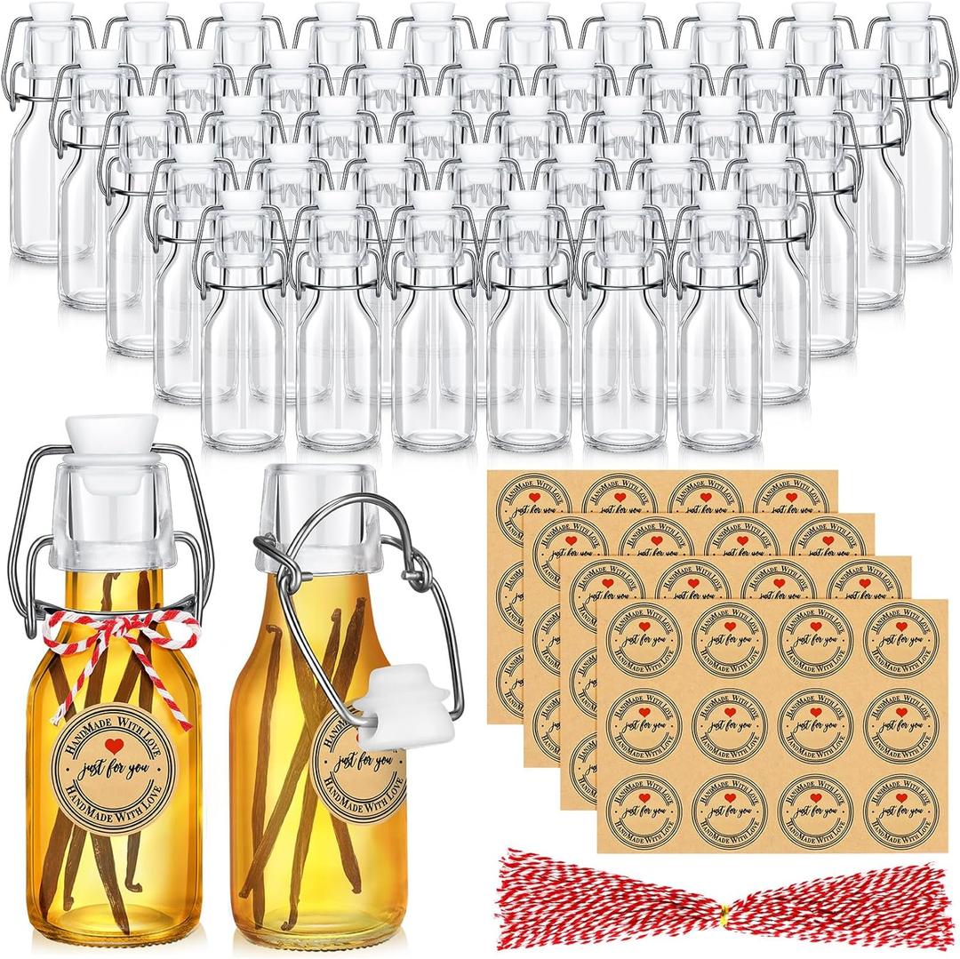 48 Pcs Mini Flip Top Glass Bottle Flip Top for Homemade Coquito Vanilla Extract Bottles with Caps Stickers for Holiday DIY Crafts Wedding Baby Shower Favors(4 oz)