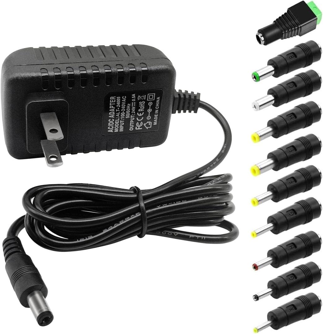 DC 24V 0.5A Switching Power Supply AC Adapter 100-240V 50-60Hz to dc 24Volt 0.5 Amp Power Cord Wall Adapter with 5.5mm x 2.5mm/2.1mm Barrel Plug & 10 Tips