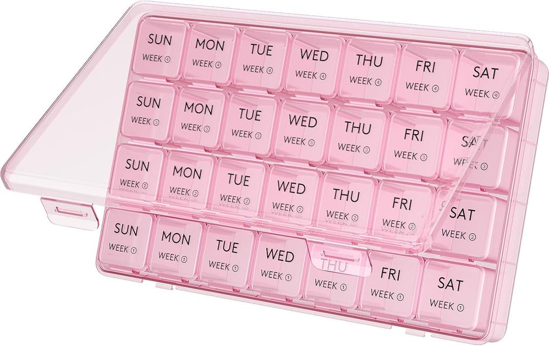 Lifewit Monthly Pill Organizer, 28 Day Pill Box, 4 Weeks One Month Vitamin Cases, Large Compartments Medicine Organizer for Fish Oils, Supplements, 28 Grids, Pink