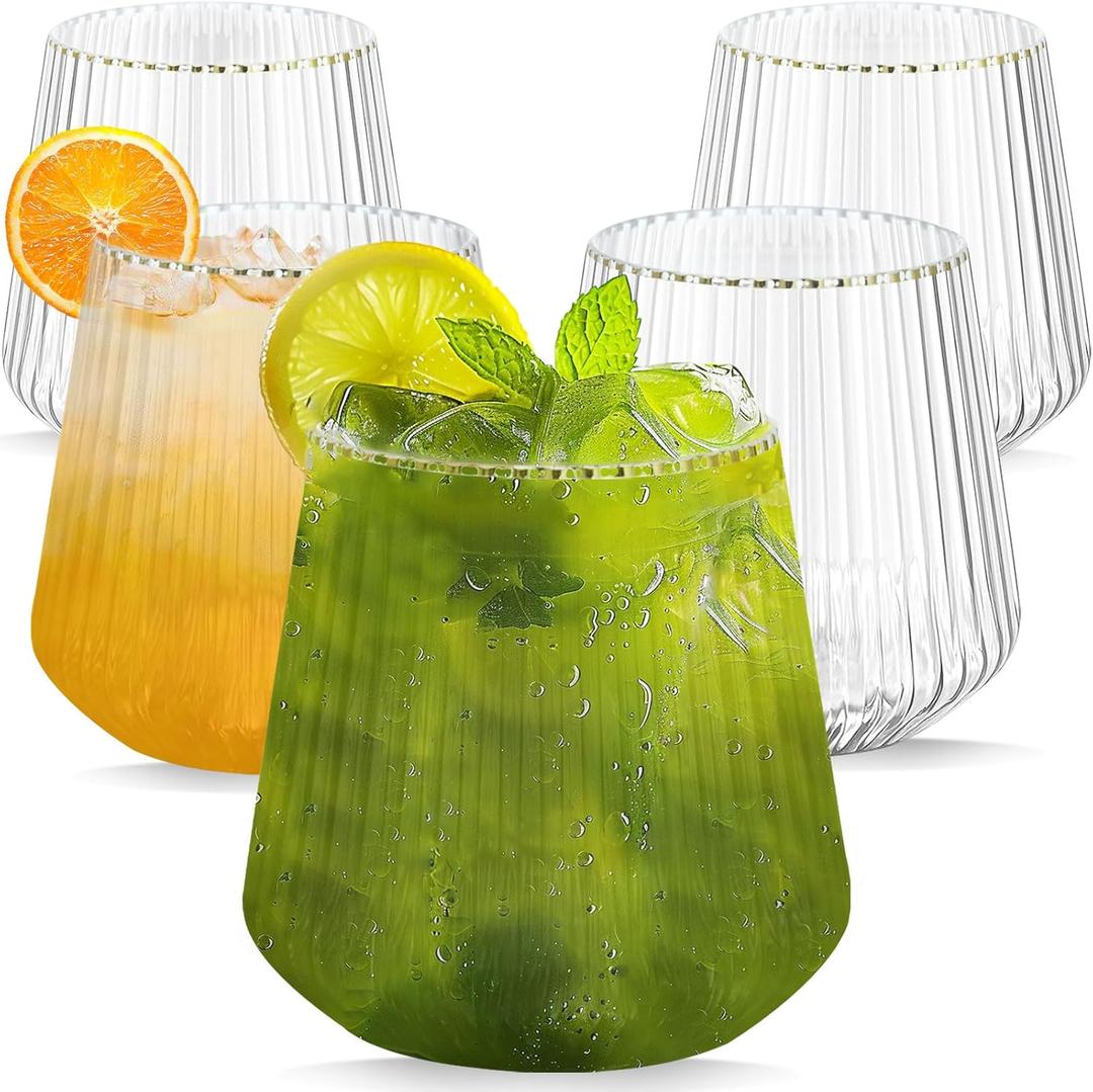 OTOB 40 Pack Stemless Plastic Wine Glasses 14 OZ Origami Ripple Unbreakable Wine Cups, Reusable Disposable Whiskey Champagne Glass, Shatterproof Cocktail Cups for Home Party Wedding Bar, Gold Rim