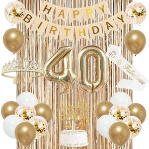 Trgowaul 40th Birthday Decorations for Women, Banner, Sash and Crown, Cake Topper, 40 Number Balloon, Fringe Curtains, Champagne Gold 40th Birthday Party Supplies