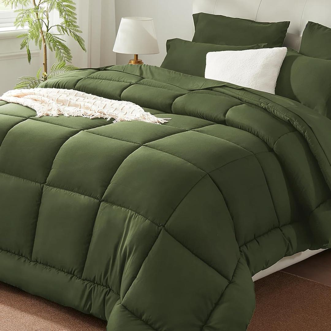 SunStyle Home Olive Green Full/Queen Comforter Set - 7 Pieces Bed in a Bag, Lightweight Goose Down Alternative Bedding Sets with All Season Comforter, 1 Flat Sheet, 1 Fitted Sheet, 4 Pillowcases